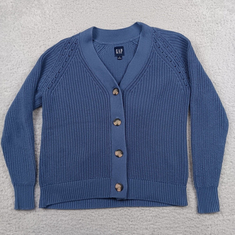 Gap Cardigan Shaker Stitch Women S Blue Cotton V-Neck Button Front QLN0252S
